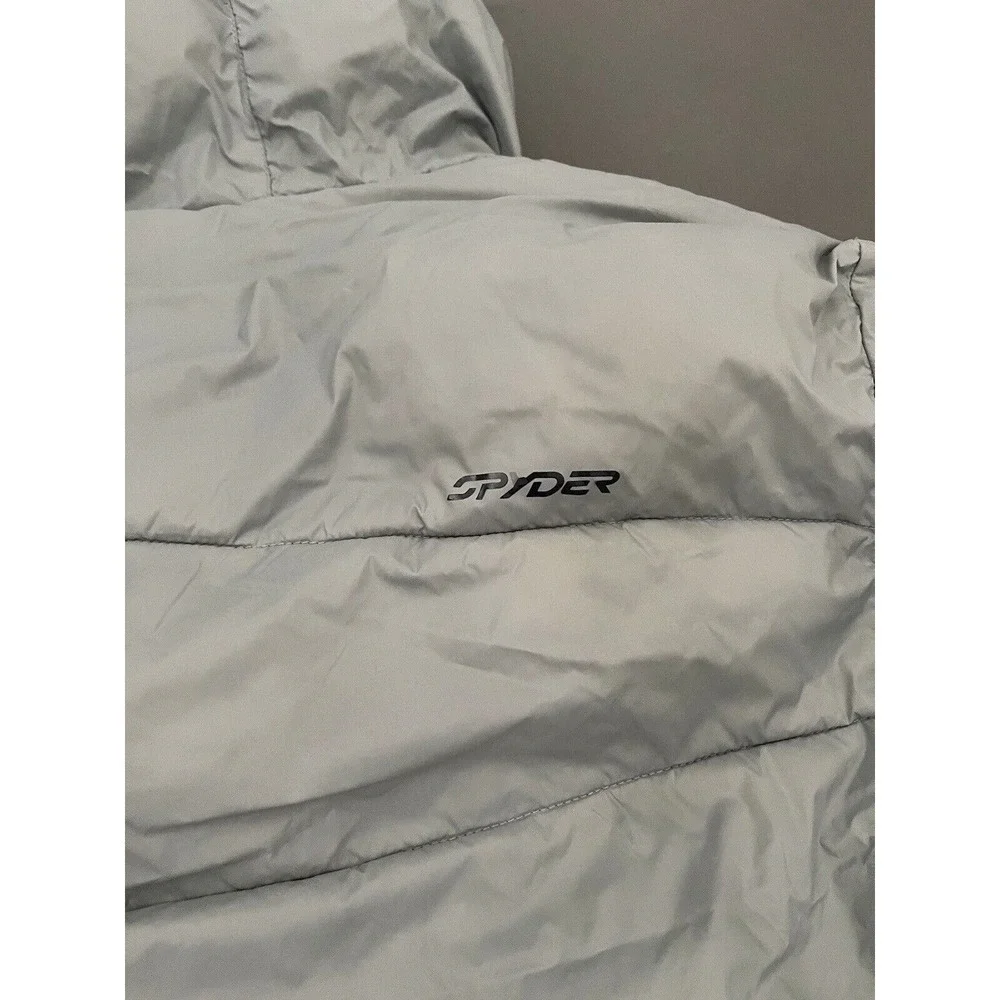 Spyder Puffer Hooded Jacket Boys Large 14/16 Gray Thermaweb Nylon Thumb Holes